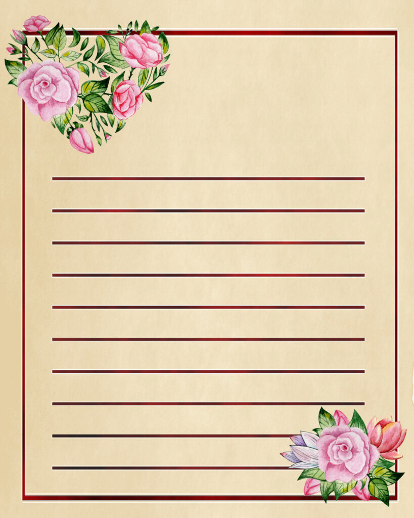 Stationery - Pink Rose with Red Background on Old Style Paper, 8.5" x 11"